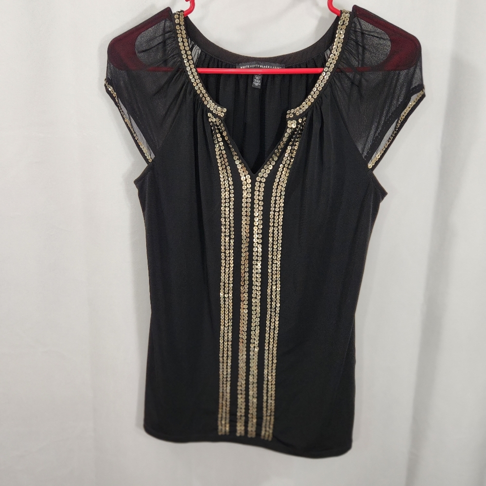 WHBM sheer cap sleeve blouse with metal sequins black gold size xs